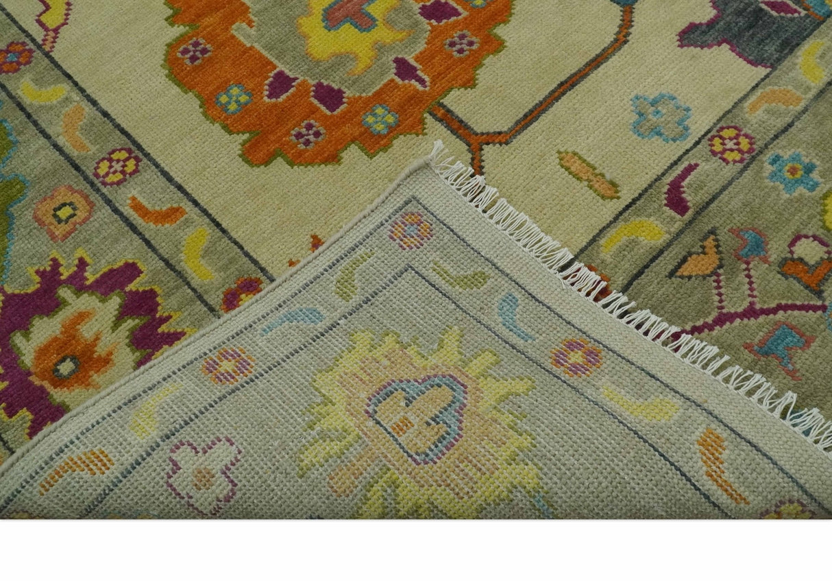 Vibrant Colorful Beige, Silver, Orange and Mustard Hand Knotted 9x12 Wool Area Rug