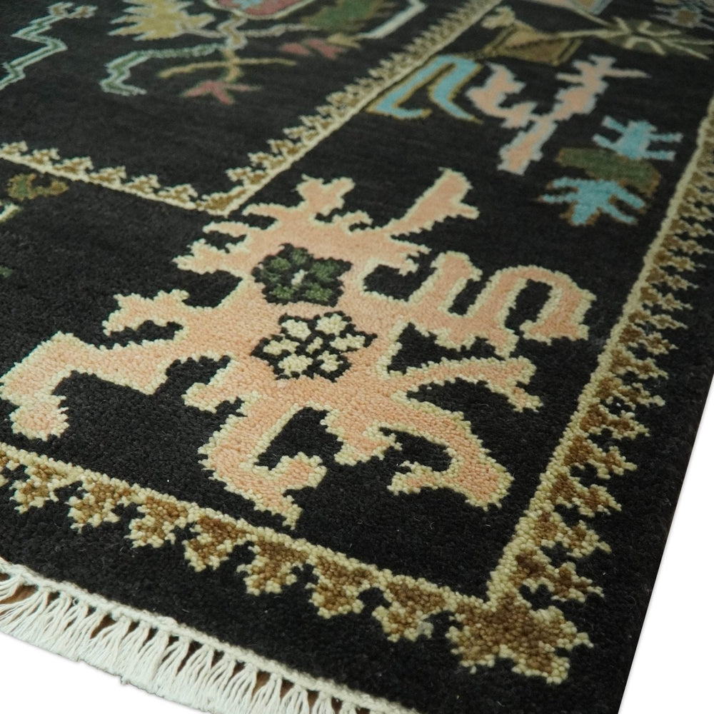 Vibrant Colorful Black 8x10 Hand Knotted Traditional Oushak wool area rug