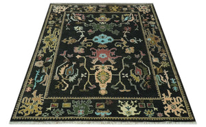 Vibrant Colorful Black 8x10 Hand Knotted Traditional Oushak wool area rug