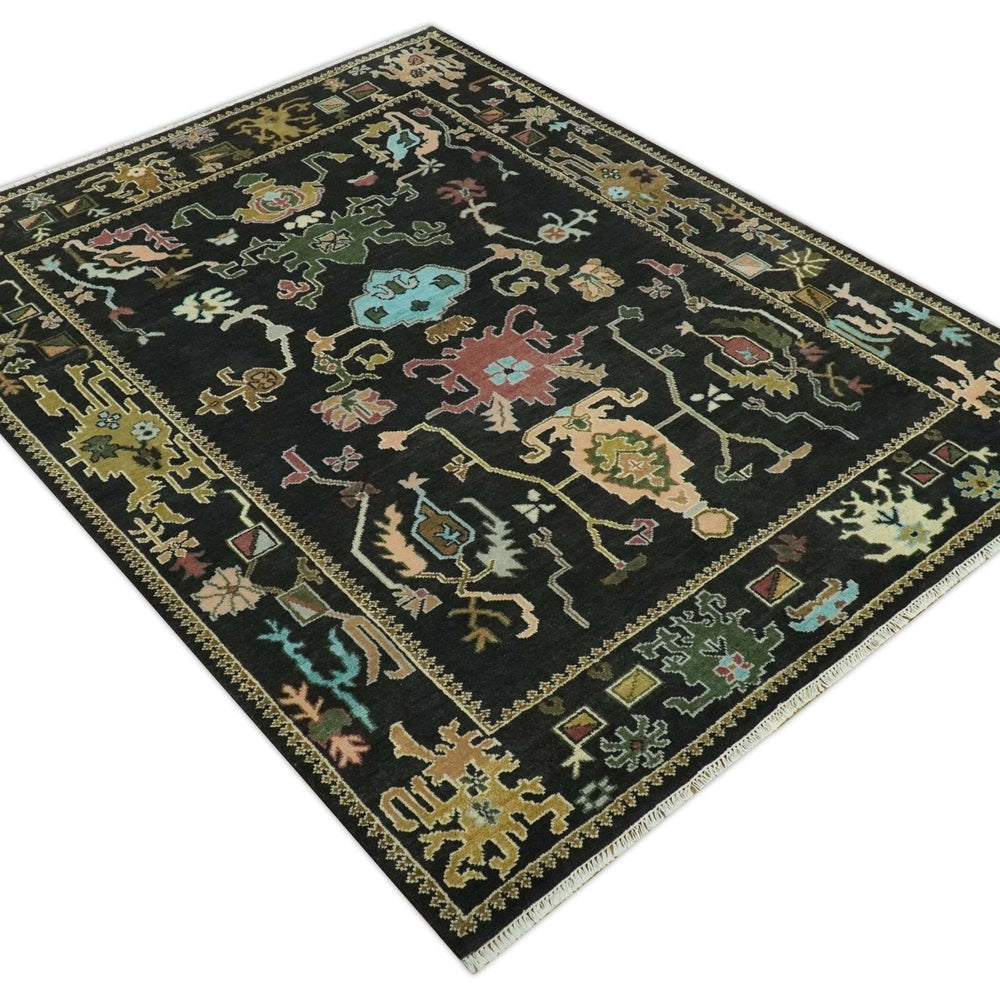 Vibrant Colorful Black 8x10 Hand Knotted Traditional Oushak wool area rug