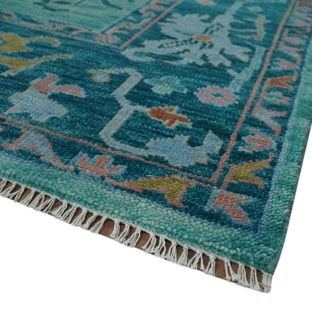 Vibrant Colorful Blue and Green Hand knotted 9x12 wool Area Rug