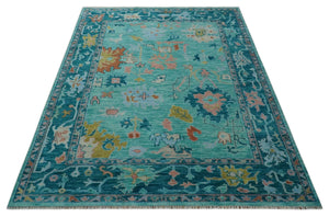 Vibrant Colorful Blue and Green Hand knotted 9x12 wool Area Rug