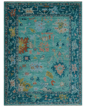 Vibrant Colorful Blue and Green Hand knotted 9x12 wool Area Rug