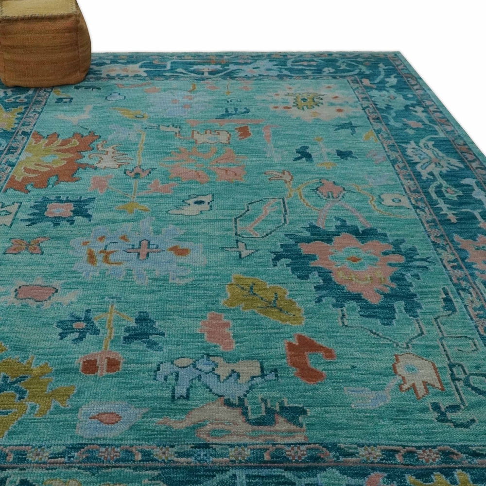 Vibrant Colorful Blue and Green Hand knotted 9x12 wool Area Rug
