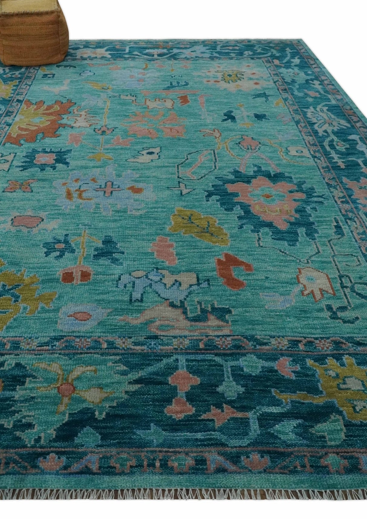Vibrant Colorful Blue and Green Hand knotted 9x12 wool Area Rug