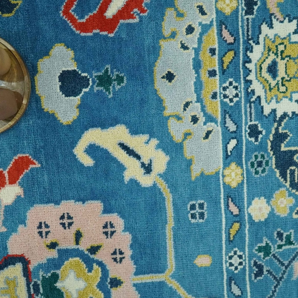 Vibrant colorful Blue Hand Knotted 8x10 Traditional Oushak Wool area Rug