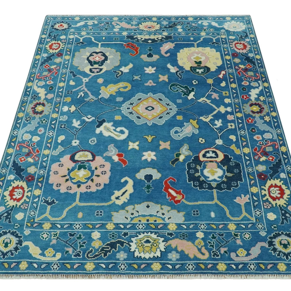 Vibrant colorful Blue Hand Knotted 8x10 Traditional Oushak Wool area Rug
