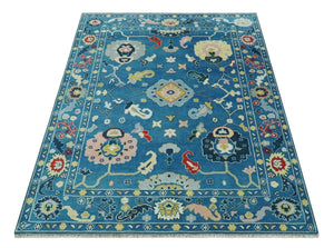 Vibrant colorful Blue Hand Knotted 8x10 Traditional Oushak Wool area Rug