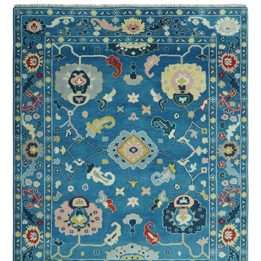 Vibrant colorful Blue Hand Knotted 8x10 Traditional Oushak Wool area Rug