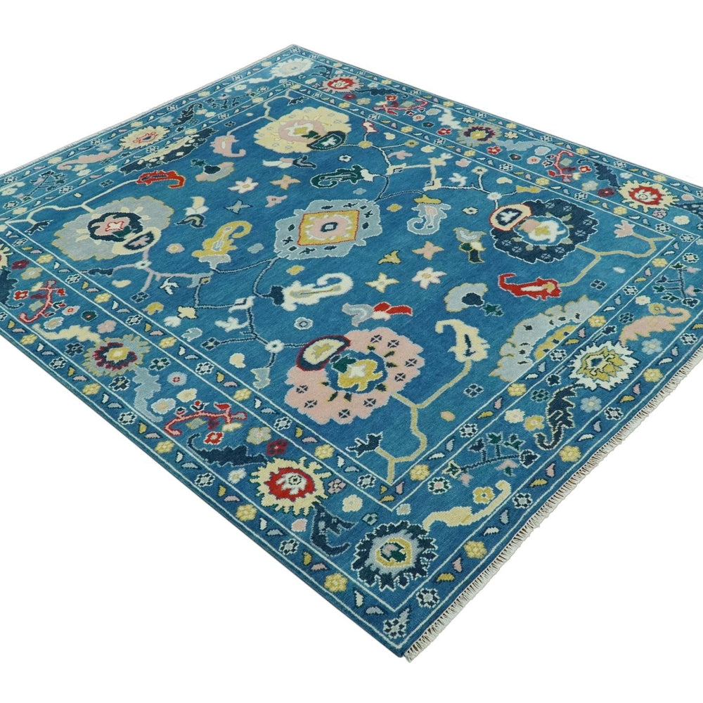 Vibrant colorful Blue Hand Knotted 8x10 Traditional Oushak Wool area Rug