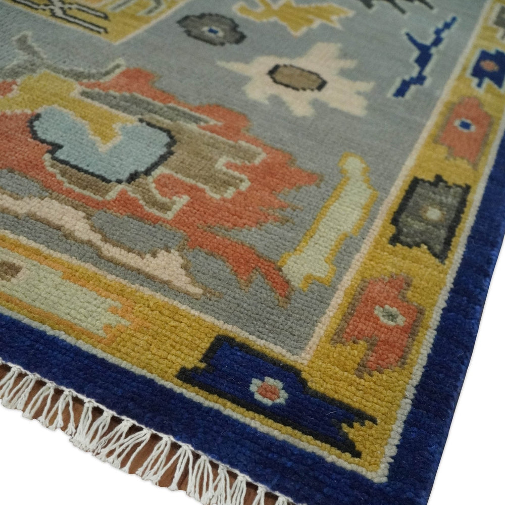 Vibrant Colorful Blue, Silver and Mustard Hand knotted Traditional Oushak 8x10 wool Area Rug