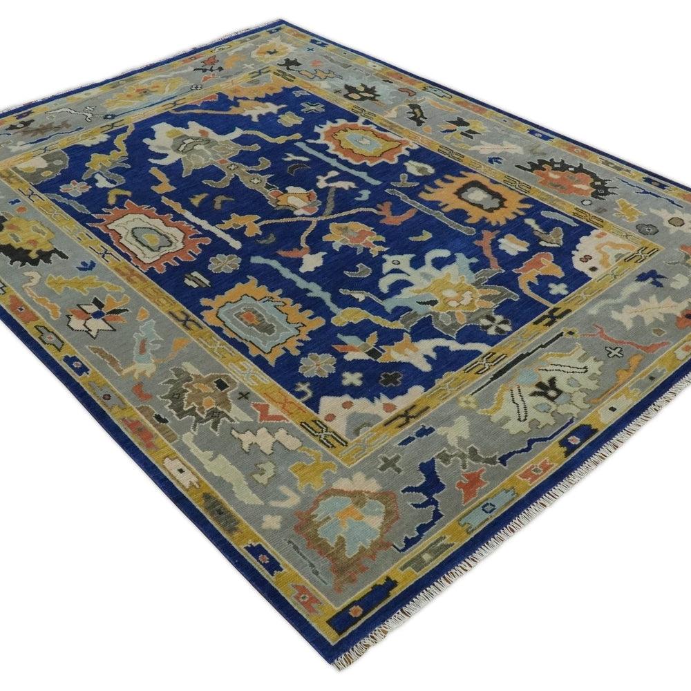 Vibrant Colorful Blue, Silver and Mustard Hand knotted Traditional Oushak 8x10 wool Area Rug