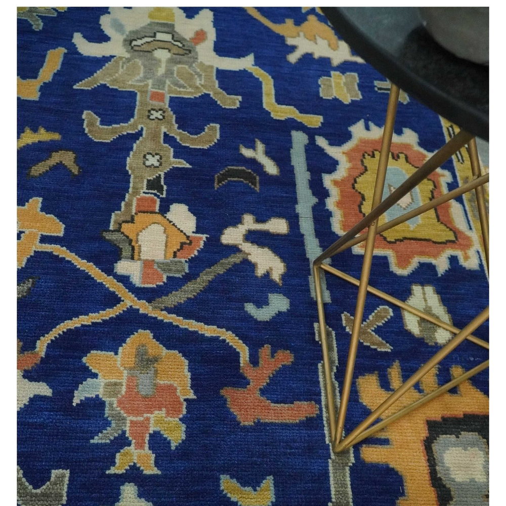 Vibrant Colorful Blue, Silver and Mustard Hand knotted Traditional Oushak Multi Size wool Area Rug