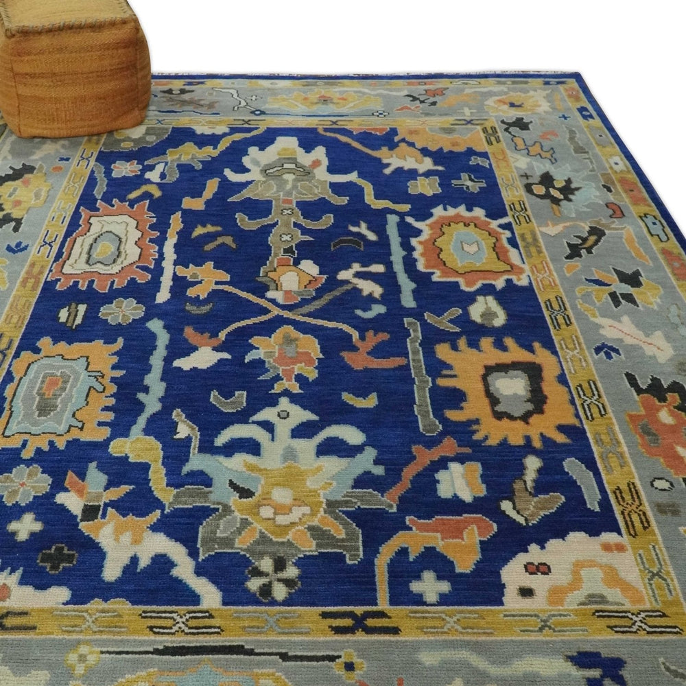 Vibrant Colorful Blue, Silver and Mustard Hand knotted Traditional Oushak Multi Size wool Area Rug