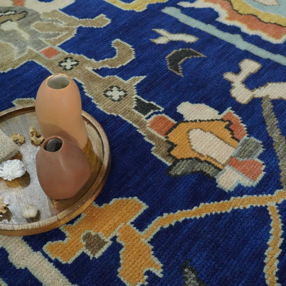 Vibrant Colorful Blue, Silver and Mustard Hand knotted Traditional Oushak Multi Size wool Area Rug