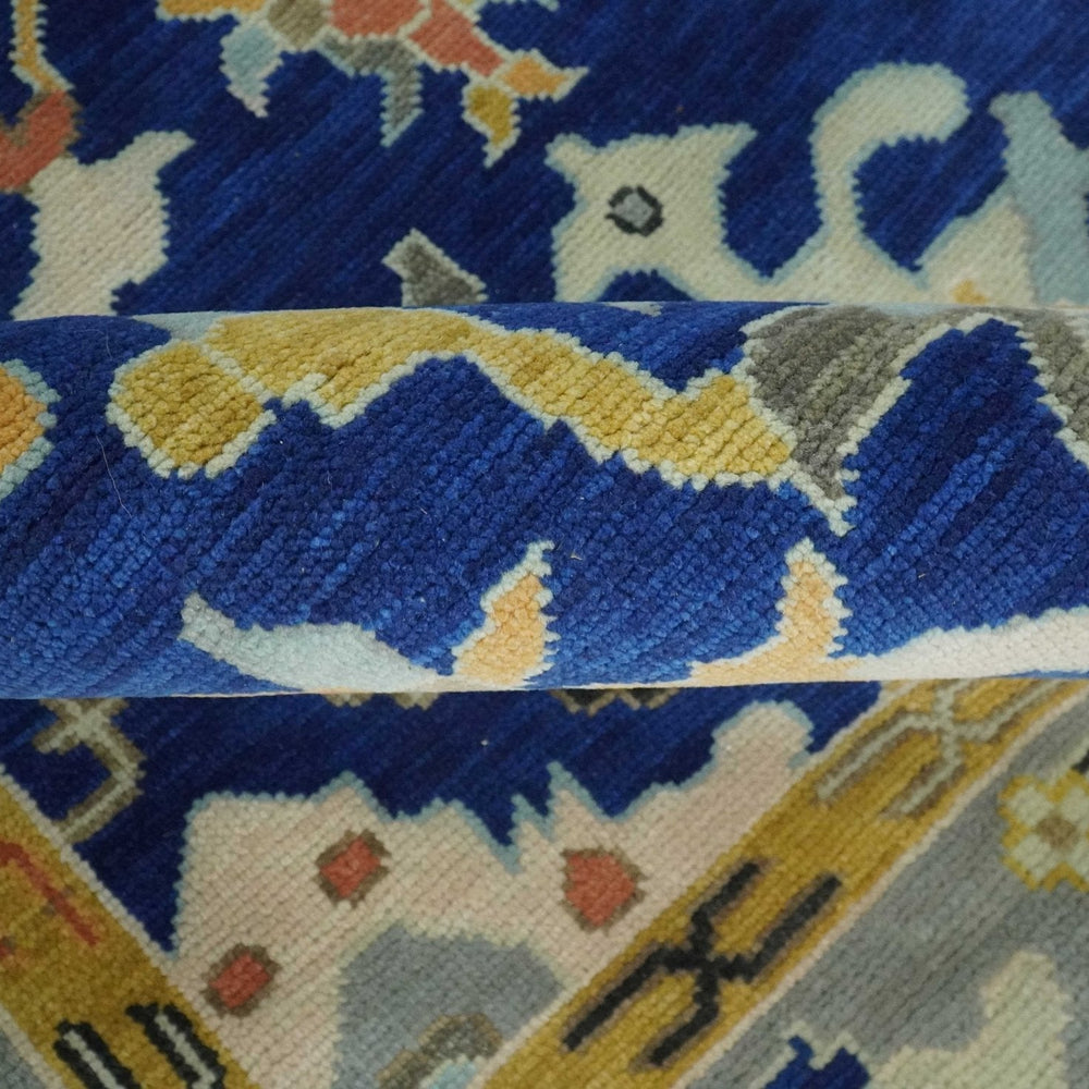 Vibrant Colorful Blue, Silver and Mustard Hand knotted Traditional Oushak Multi Size wool Area Rug