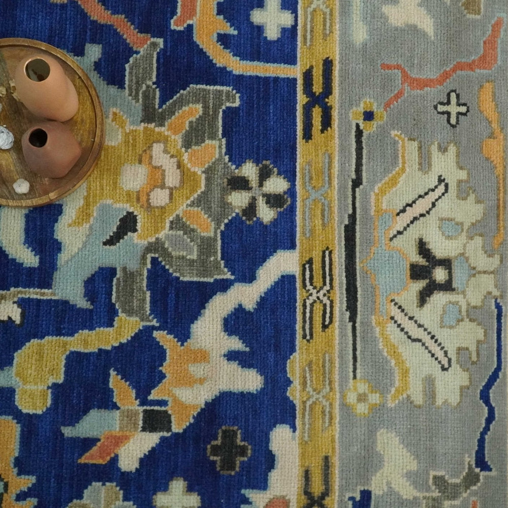 Vibrant Colorful Blue, Silver and Mustard Hand knotted Traditional Oushak Multi Size wool Area Rug