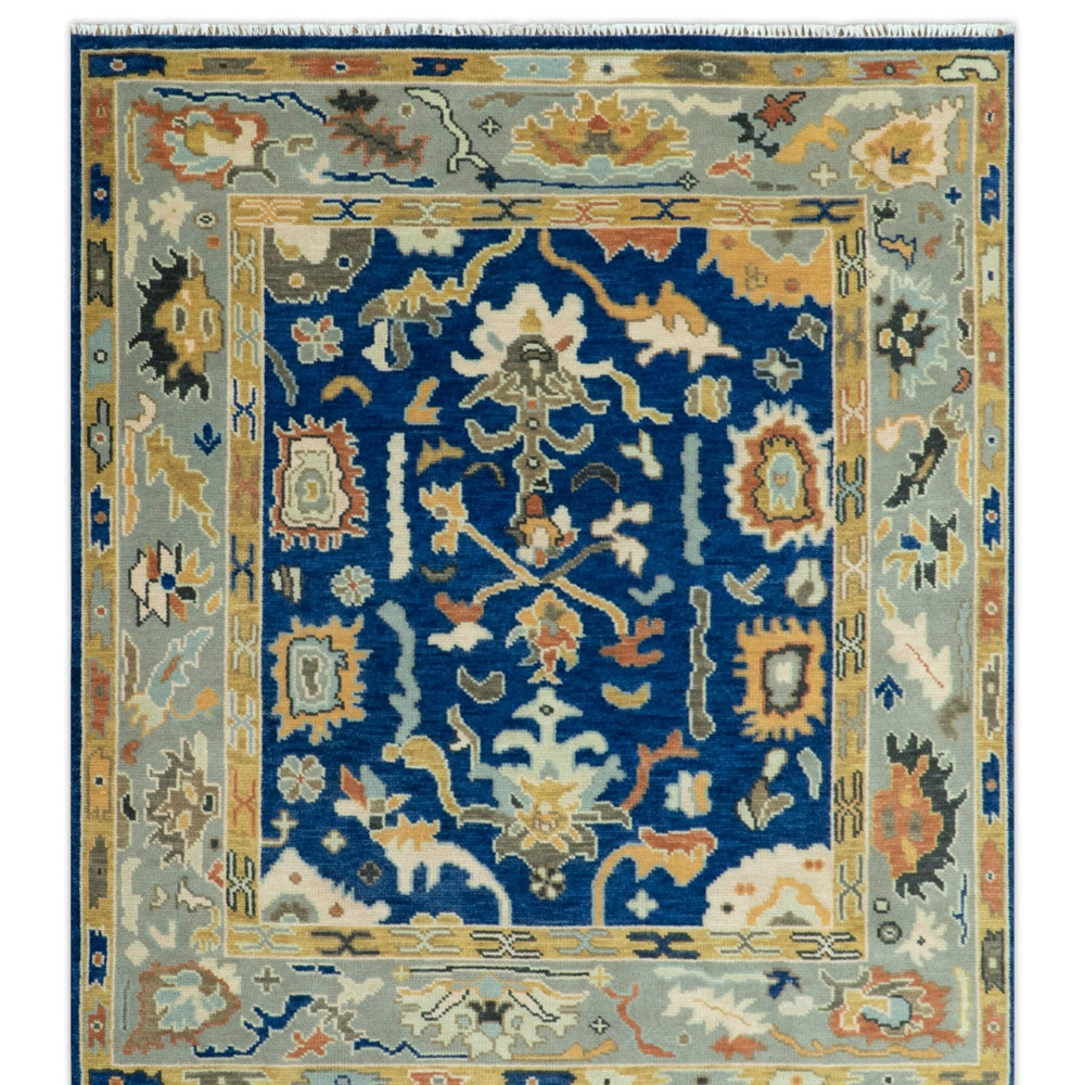 Vibrant Colorful Blue, Silver and Mustard Hand knotted Traditional Oushak Multi Size wool Area Rug