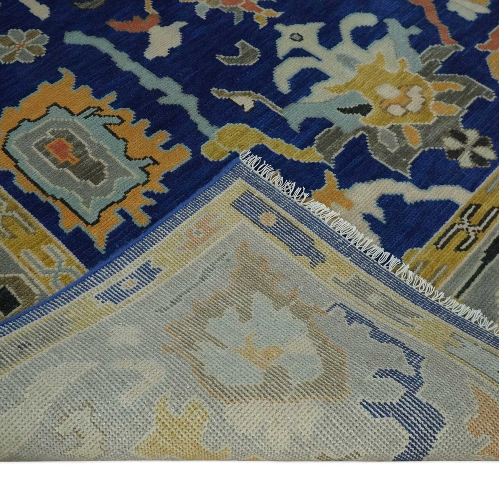 Vibrant Colorful Blue, Silver and Mustard Hand knotted Traditional Oushak Multi Size wool Area Rug