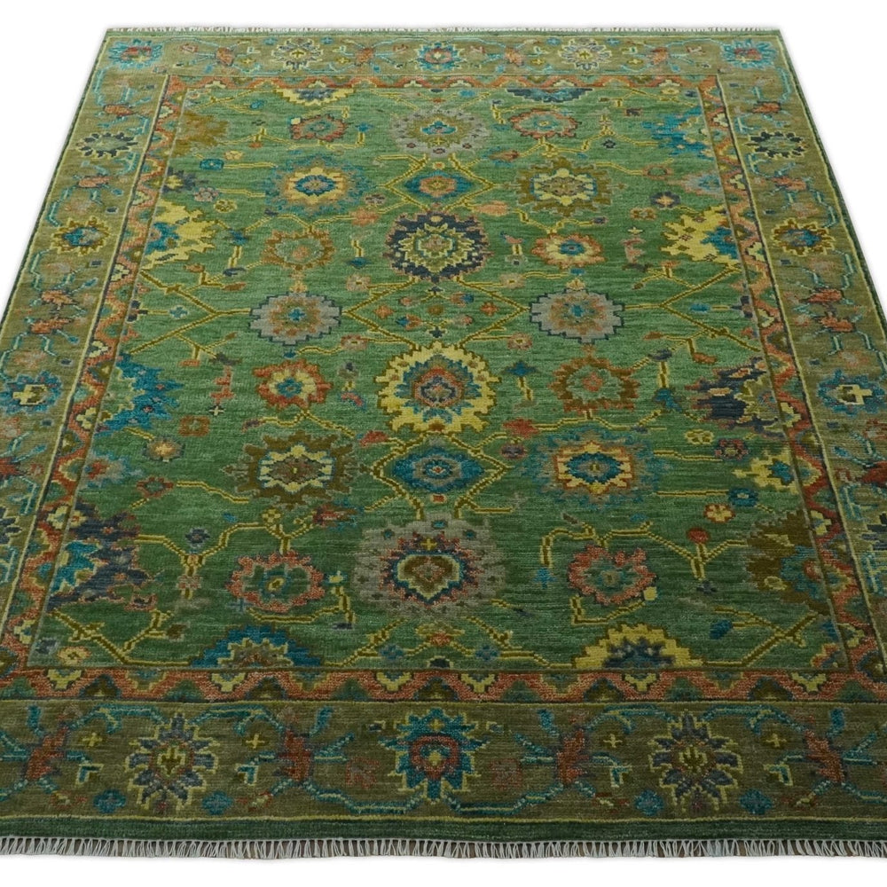 Vibrant colorful Green 8x10 Hand Knotted Traditional Oriental Oushak wool Area Rug