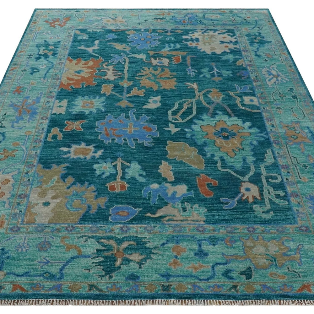 Vibrant Colorful Green, Blue and Rust Hand knotted Traditional Oushak 9x12 wool Area Rug