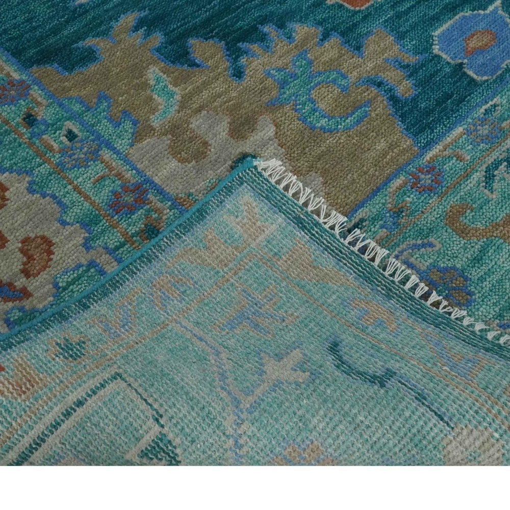 Vibrant Colorful Green, Blue and Rust Hand knotted Traditional Oushak 9x12 wool Area Rug