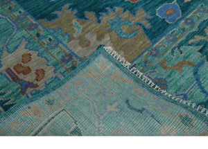 Vibrant Colorful Green, Blue and Rust Hand knotted Traditional Oushak 9x12 wool Area Rug