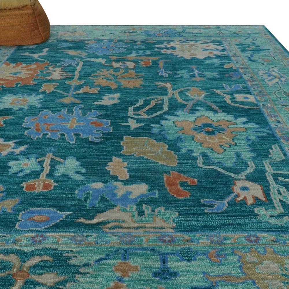Vibrant Colorful Green, Blue and Rust Hand knotted Traditional Oushak 9x12 wool Area Rug
