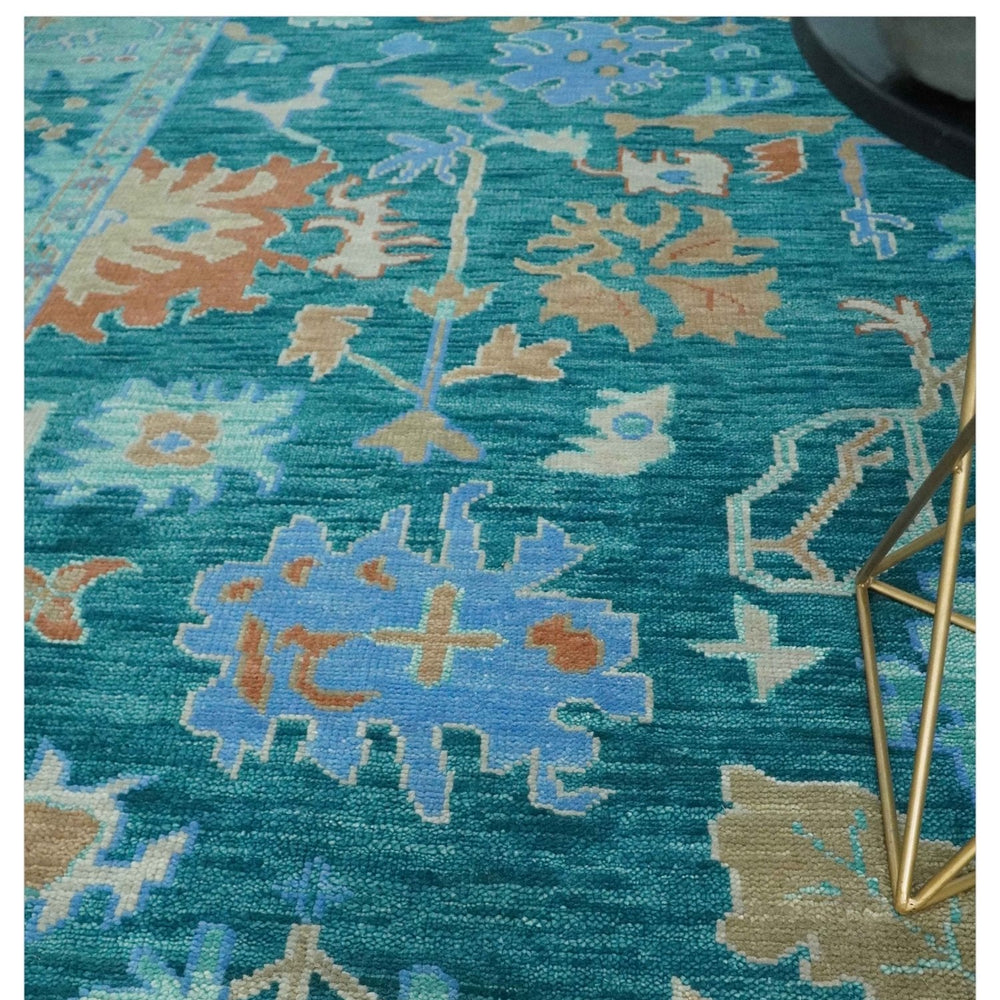 Vibrant Colorful Green, Blue and Rust Hand knotted Traditional Oushak 9x12 wool Area Rug
