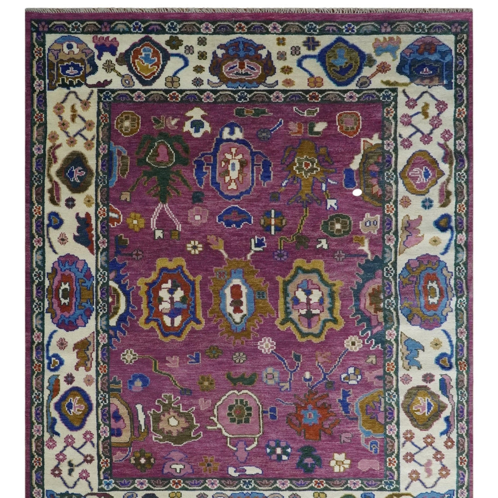 Vibrant Colorful Hand knotted Purple and Ivory Oushak wool Area Rug
