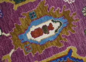 Vibrant Colorful Hand knotted Purple and Ivory Oushak wool Area Rug