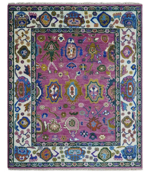 Vibrant Colorful Hand knotted Purple and Ivory Oushak wool Area Rug