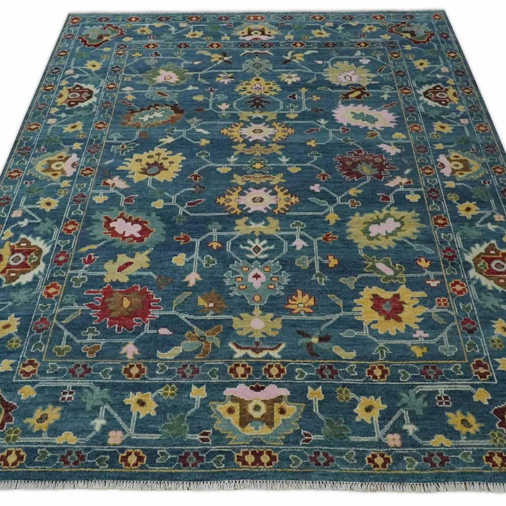 Vibrant Colorful Hand knotted Teal, Gold And Maroon 9x12 wool Area Rug