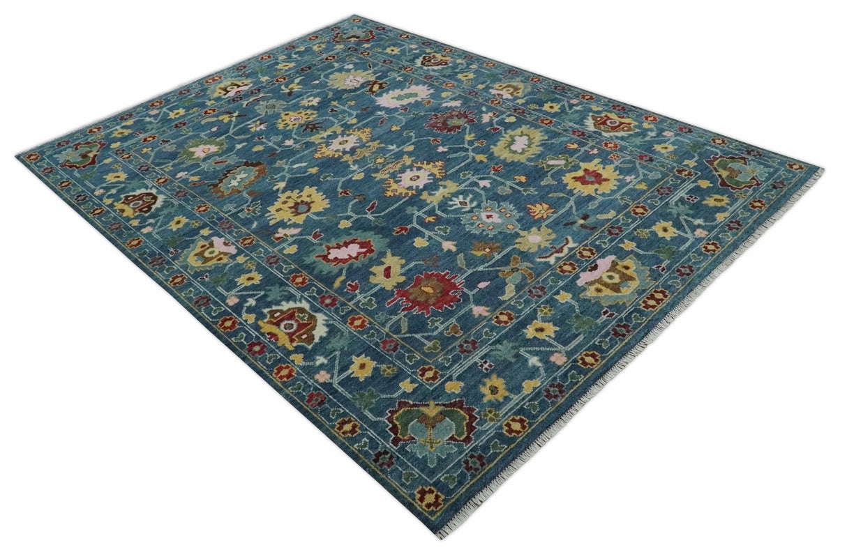 Vibrant Colorful Hand knotted Teal, Gold And Maroon 9x12 wool Area Rug
