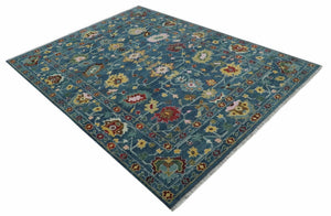 Vibrant Colorful Hand knotted Teal, Gold And Maroon 9x12 wool Area Rug