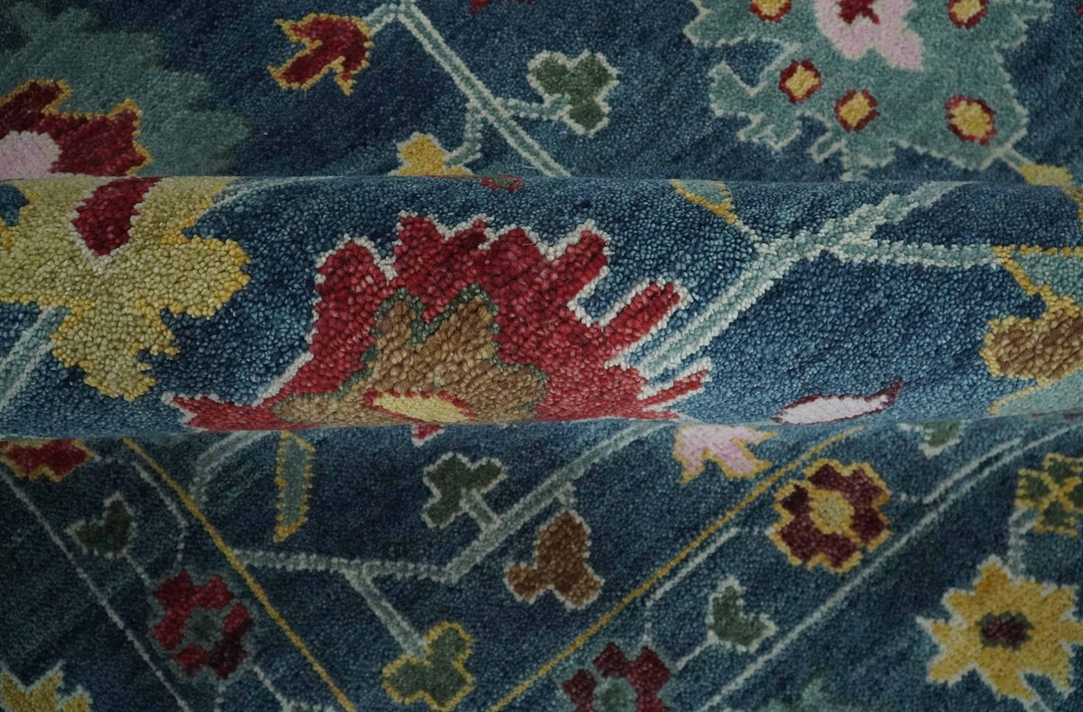 Vibrant Colorful Hand knotted Teal, Gold And Maroon 9x12 wool Area Rug
