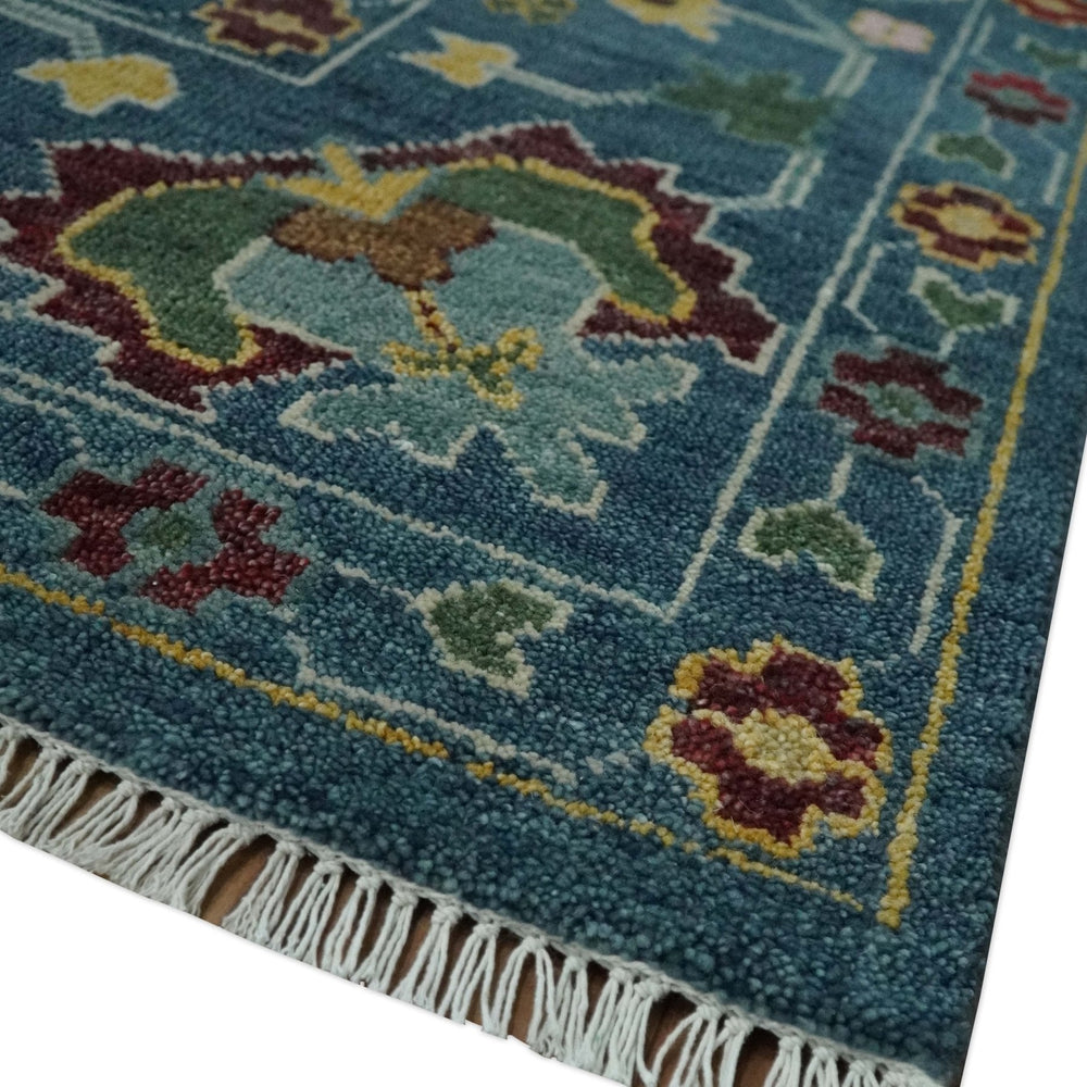 Vibrant Colorful Hand knotted Teal, Gold And Maroon 9x12 wool Area Rug