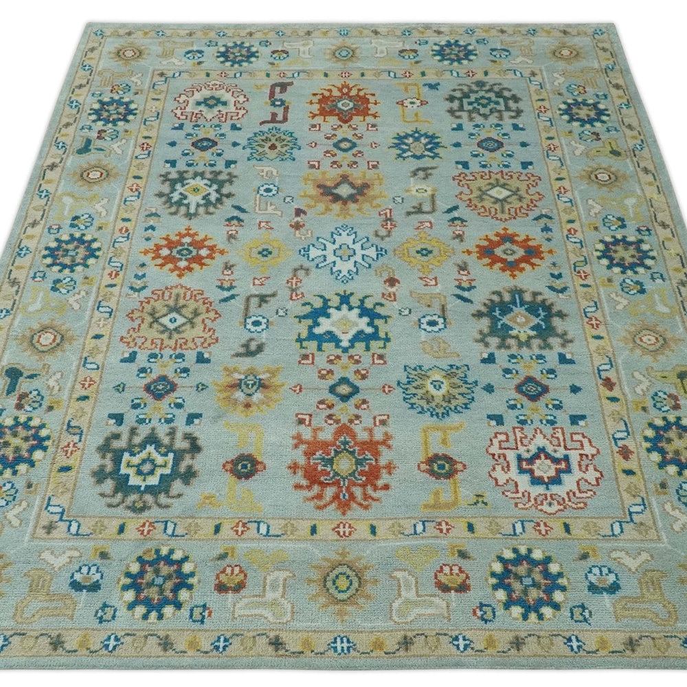 Vibrant Colorful Light Blue, Mustard, Brown and Blue Hand Knotted Traditional Oushak Multi Size wool Area Rug