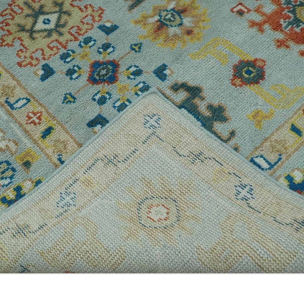 Vibrant Colorful Light Blue, Mustard, Brown and Blue Hand Knotted Traditional Oushak Multi Size wool Area Rug