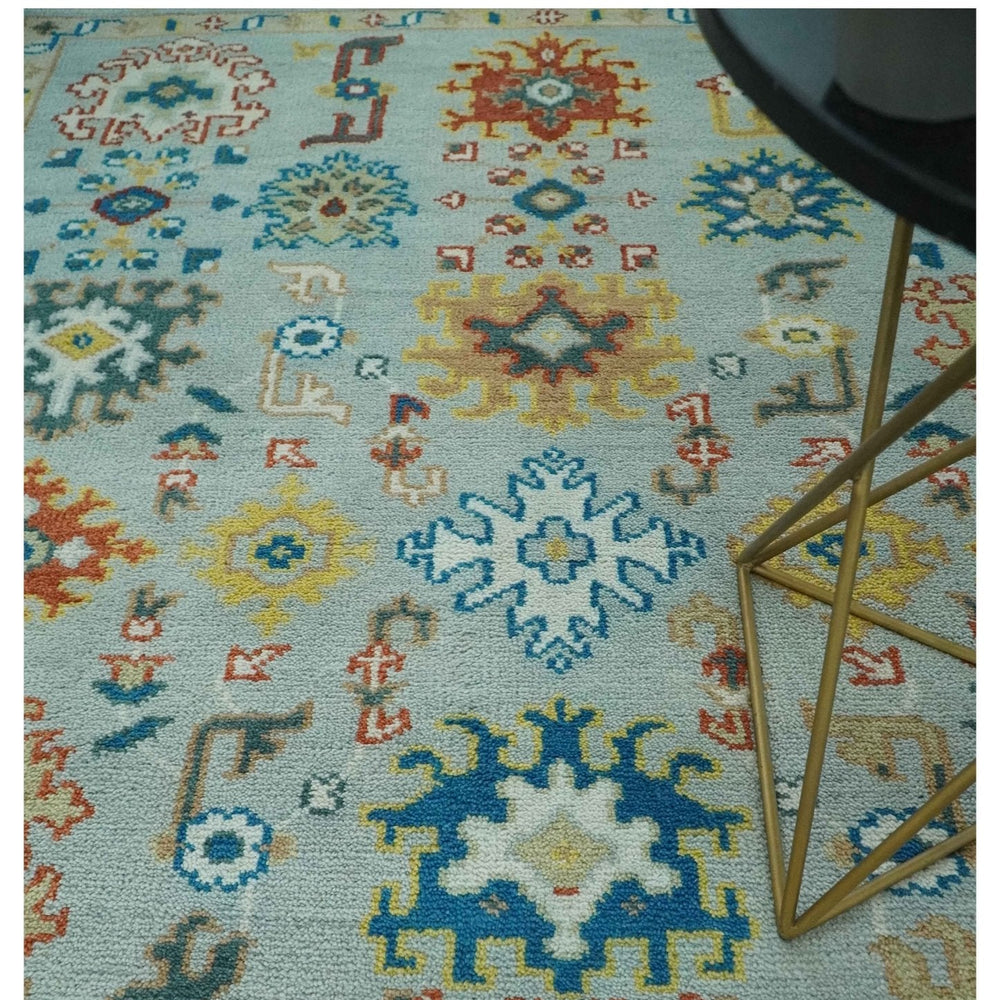 Vibrant Colorful Light Blue, Mustard, Brown and Blue Hand Knotted Traditional Oushak Multi Size wool Area Rug