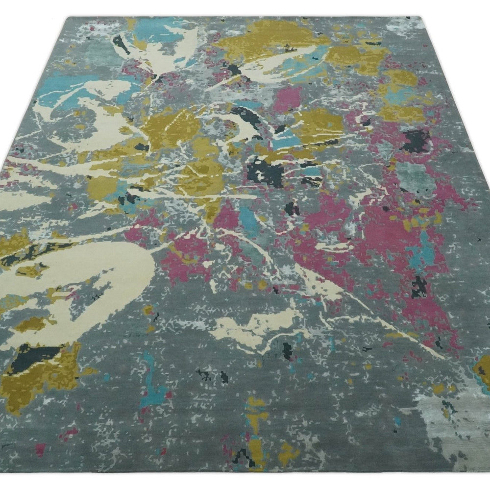 Vibrant Colorful Modern Abstract Gray, Olive, Purple and Ivory Hand knotted 10x14 and 12x15 wool Area Rug