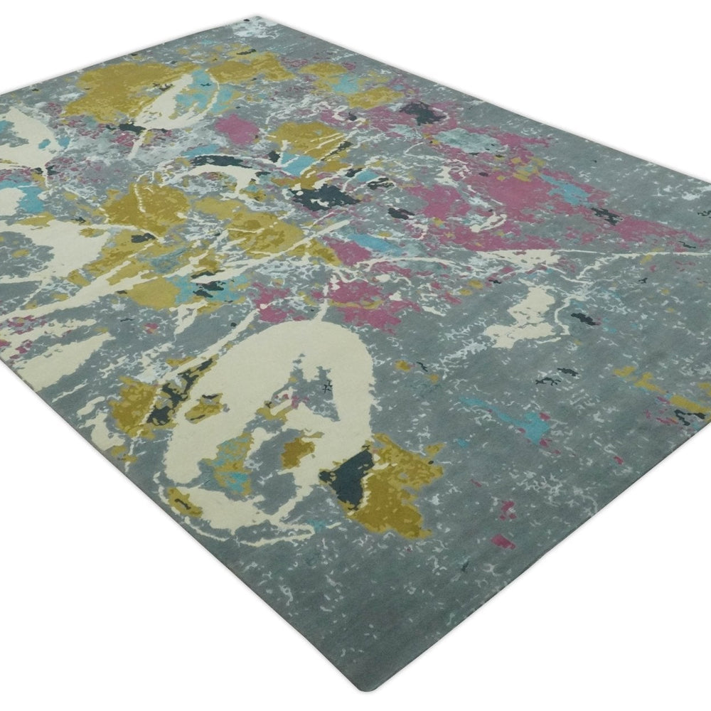 Vibrant Colorful Modern Abstract Gray, Olive, Purple and Ivory Hand knotted 10x14 and 12x15 wool Area Rug