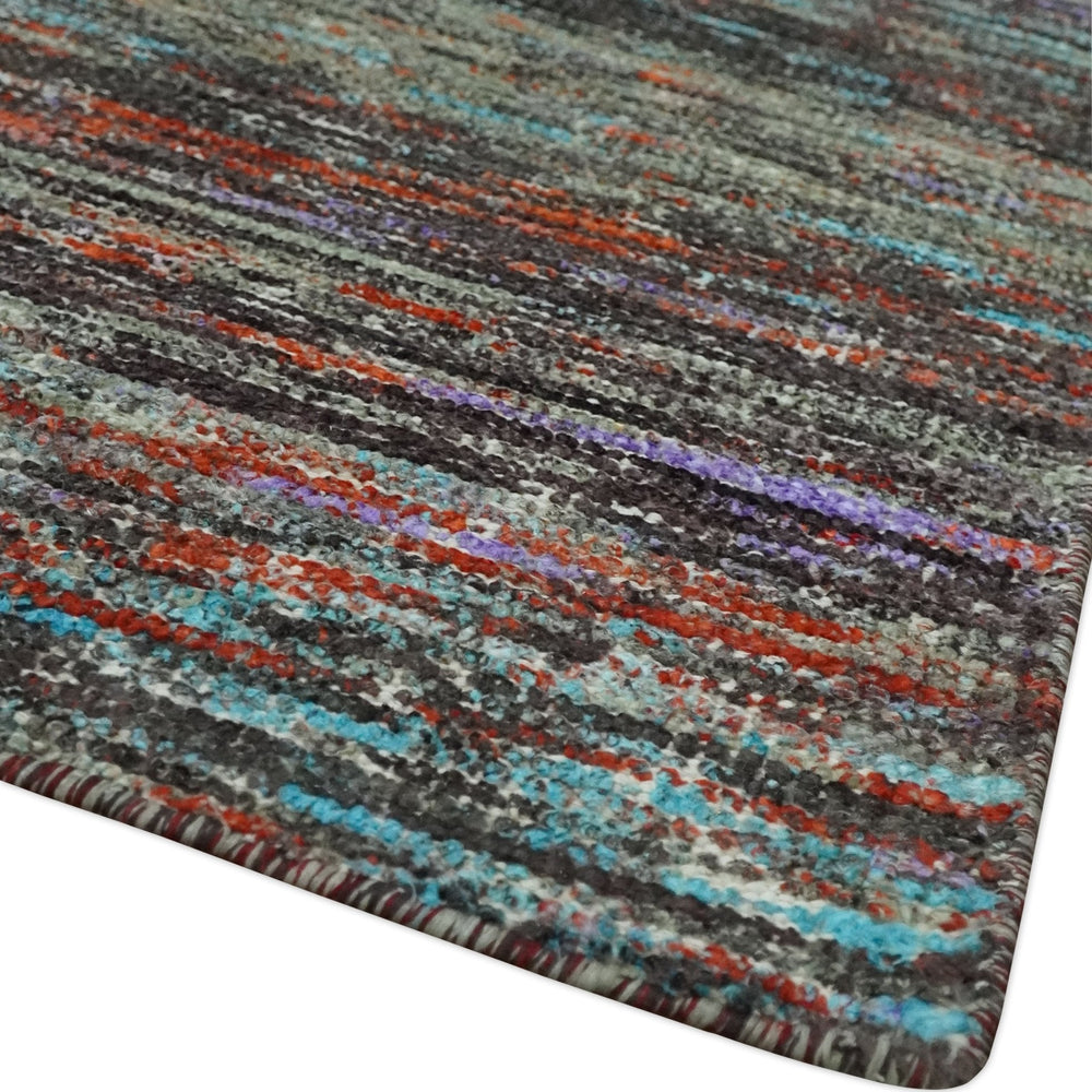 Vibrant Colorful Rust, Violet, Charcoal, Silver and Aqua Modern Abstract Flat Woven 8x10 wool Area Rug