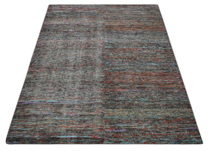 Vibrant Colorful Rust, Violet, Charcoal, Silver and Aqua Modern Abstract Flat Woven 8x10 wool Area Rug