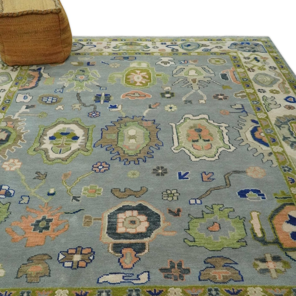 Vibrant Colorful Silver, Green and Light Peach Hand knotted Oushak wool Area Rug