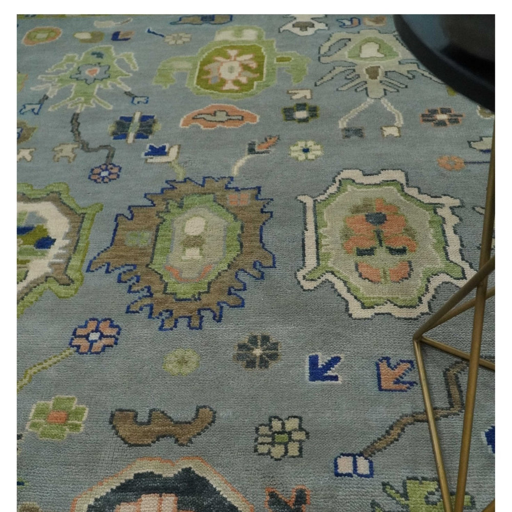 Vibrant Colorful Silver, Green and Light Peach Hand knotted Oushak wool Area Rug
