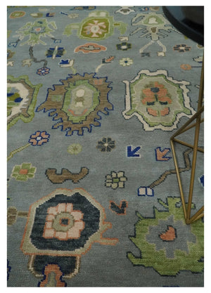 Vibrant Colorful Silver, Green and Light Peach Hand knotted Oushak wool Area Rug