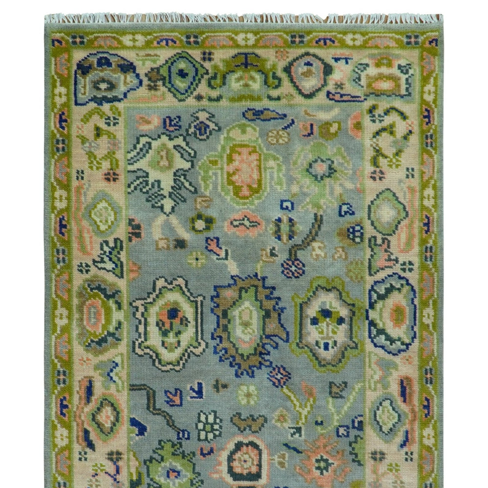 Vibrant Colorful Silver, Green and Light Peach Hand knotted Oushak wool Area Rug