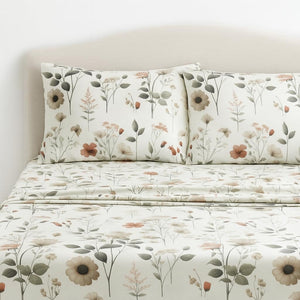 DaDalogy Enchanted Meadow Bed Sheet Set - Floral Harmony in Beige, Rose, and Soft Green, Premium Soft Microfiber, Machine Washable, Deep Pocket 14 - 15 Inches + Flat Sheet
