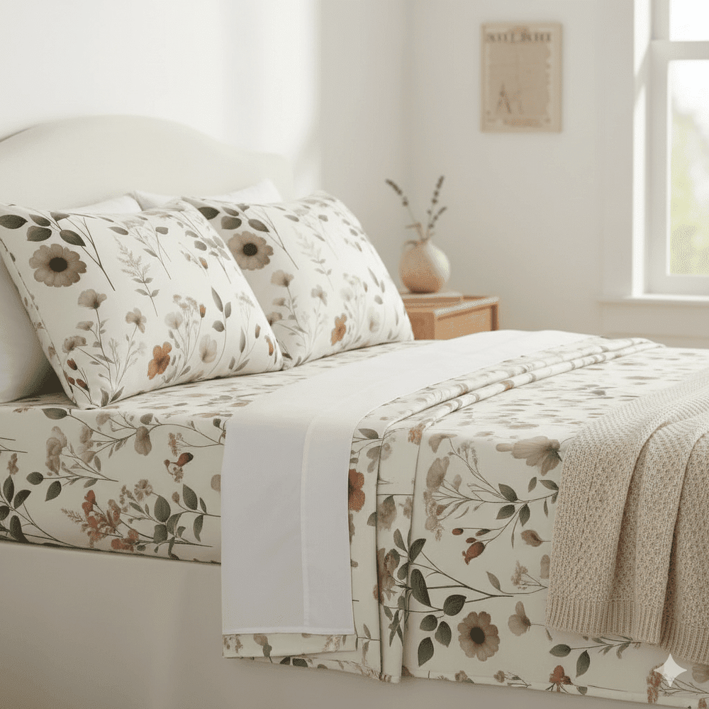 DaDalogy Enchanted Meadow Bed Sheet Set - Floral Harmony in Beige, Rose, and Soft Green, Premium Soft Microfiber, Machine Washable, Deep Pocket 14 - 15 Inches + Flat Sheet